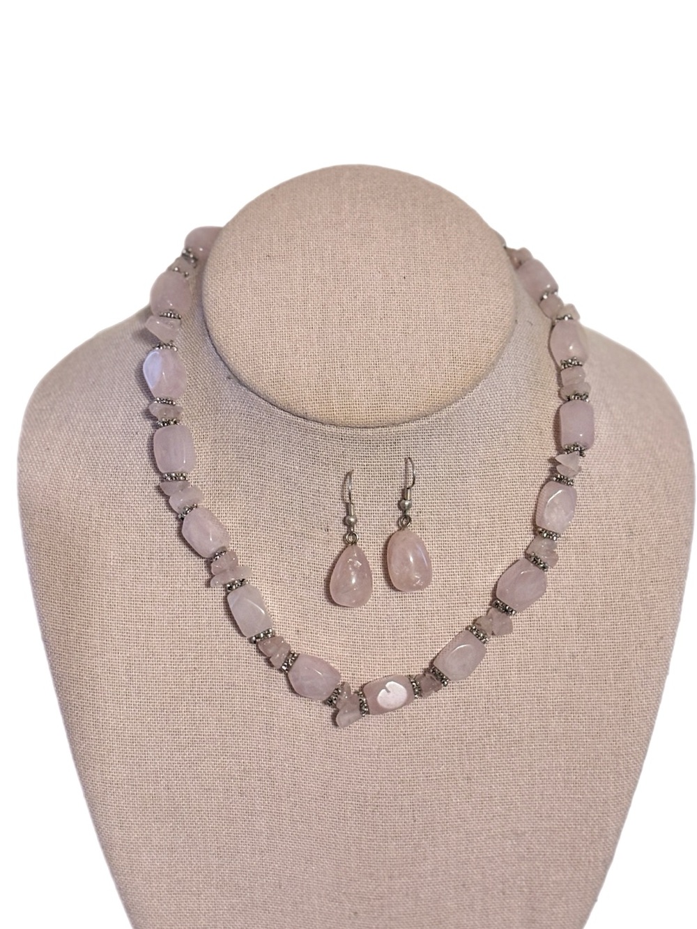 Vintage Pink Rose Quartz Beaded Necklace and Matching Drop Earrings